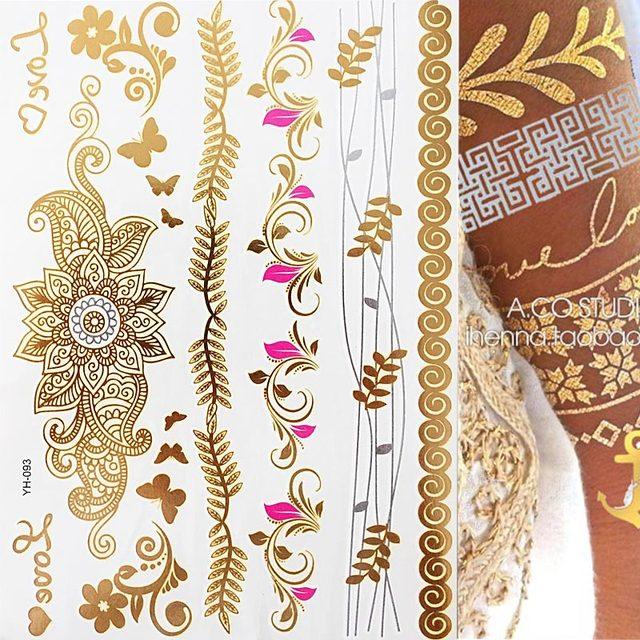 Luxury Flash Metallic Waterproof Temporary Tattoo Gold Silver Flower Tattoo Sticker Long Lasting Gold Design For Womens