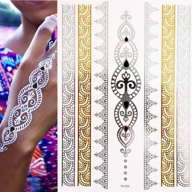 Luxury Flash Metallic Waterproof Temporary Tattoo Gold Silver Flower Tattoo Sticker Long Lasting Gold Design For Womens