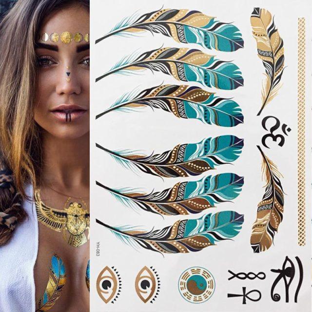 Luxury Metallic Gold Waterproof Temporary Tattoo Feather Elephant Fashion Different Design Tattoos For Womens