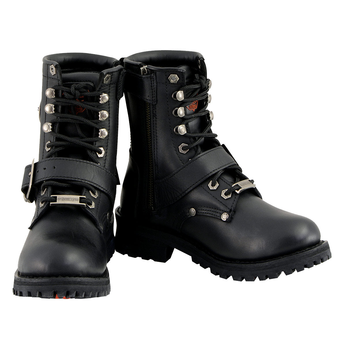 MBL201 Women's Black Leather Lace-Up Motorcycle Rider Boots w/ Buckles