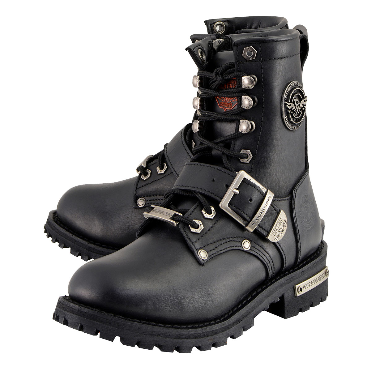 MBL201 Women's Black Leather Lace-Up Motorcycle Rider Boots w/ Buckles