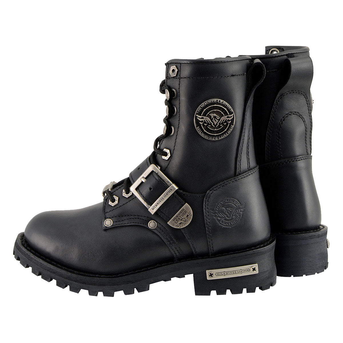 MBL201 Women's Black Leather Lace-Up Motorcycle Rider Boots w/ Buckles