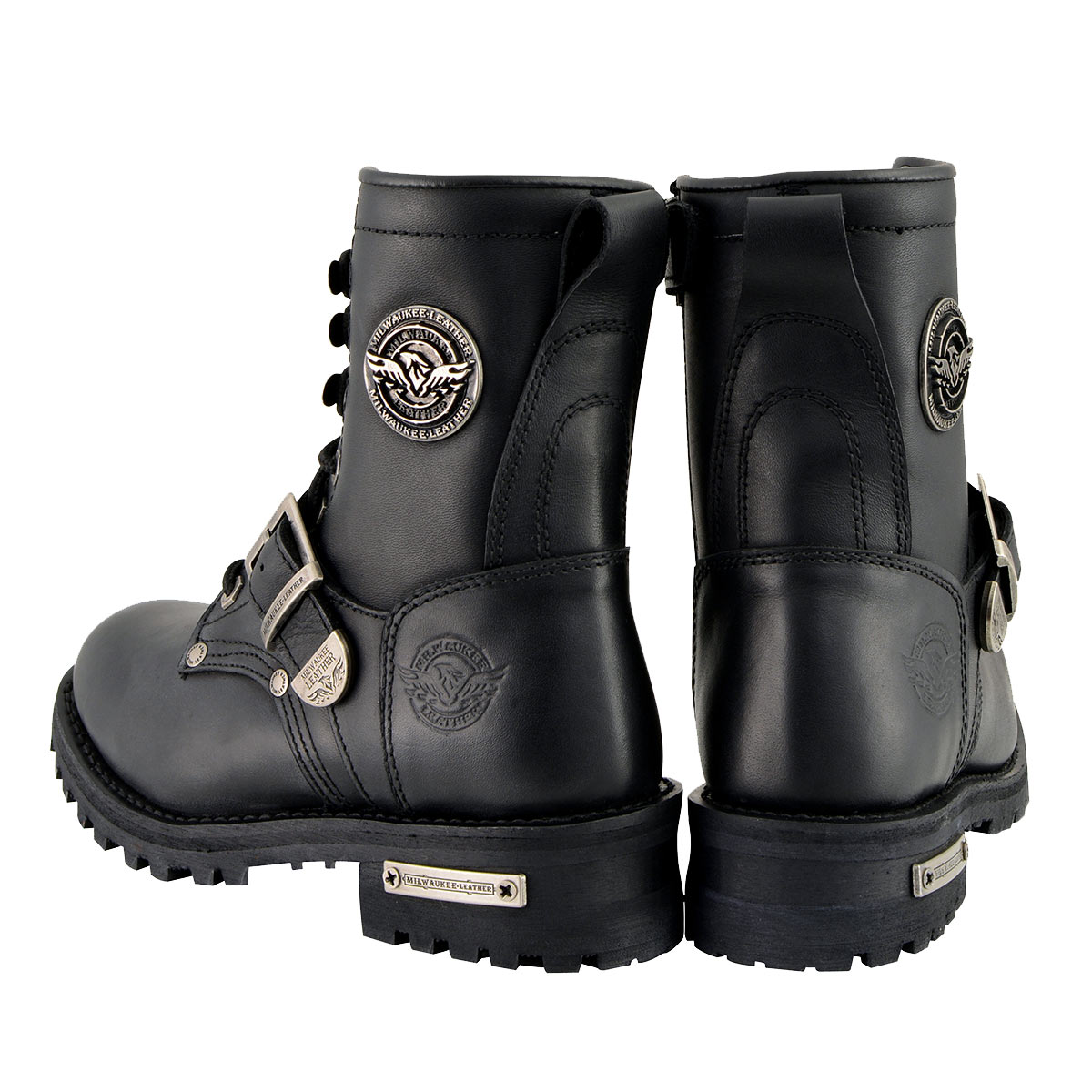 MBL201 Women's Black Leather Lace-Up Motorcycle Rider Boots w/ Buckles