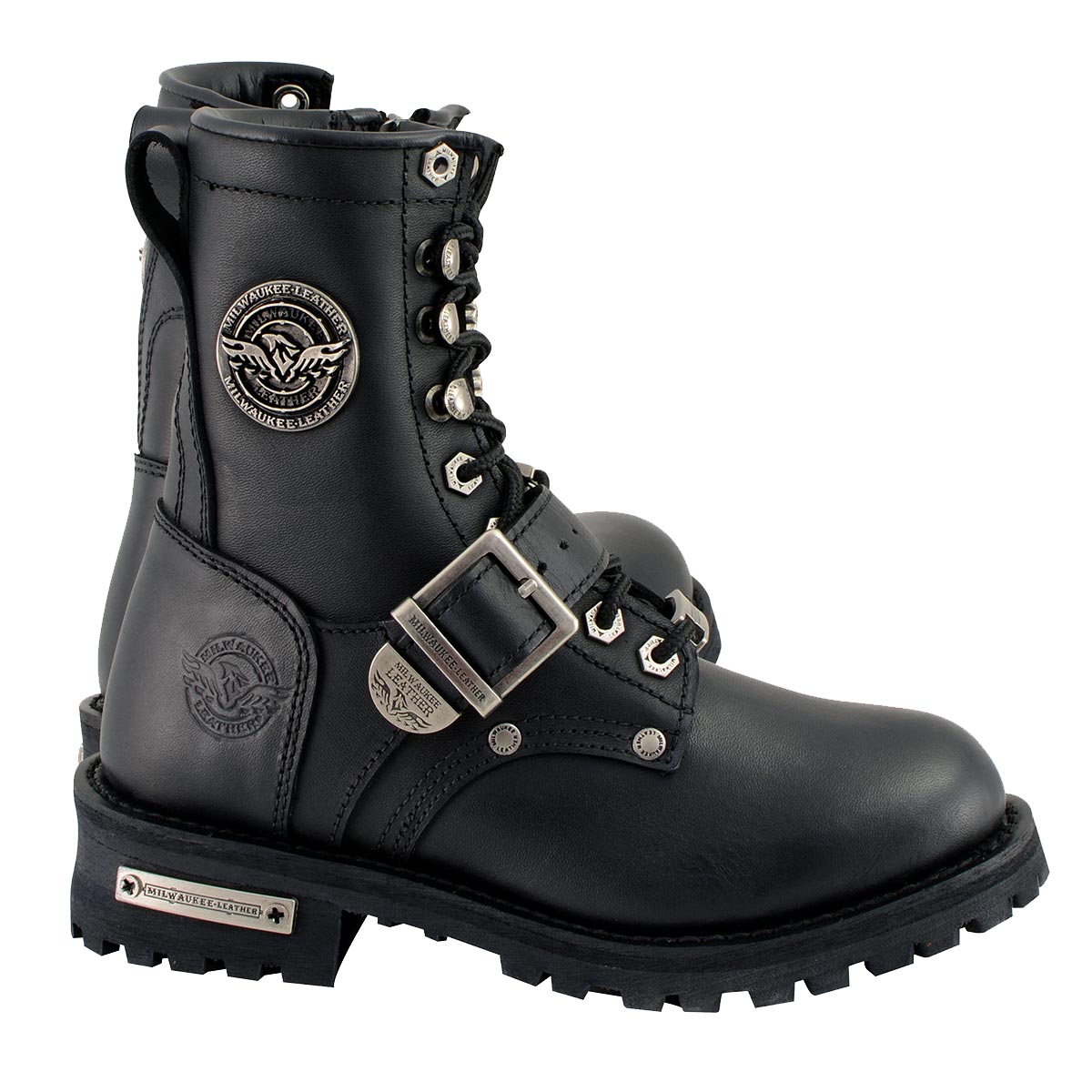 MBL201 Women's Black Leather Lace-Up Motorcycle Rider Boots w/ Buckles