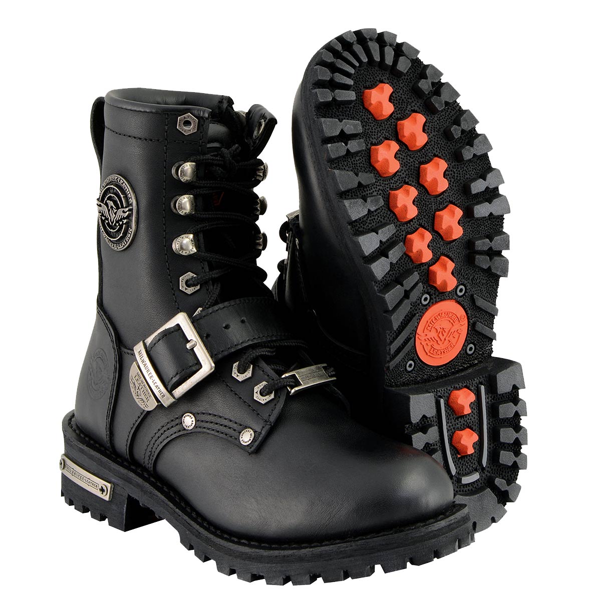 MBL201 Women's Black Leather Lace-Up Motorcycle Rider Boots w/ Buckles