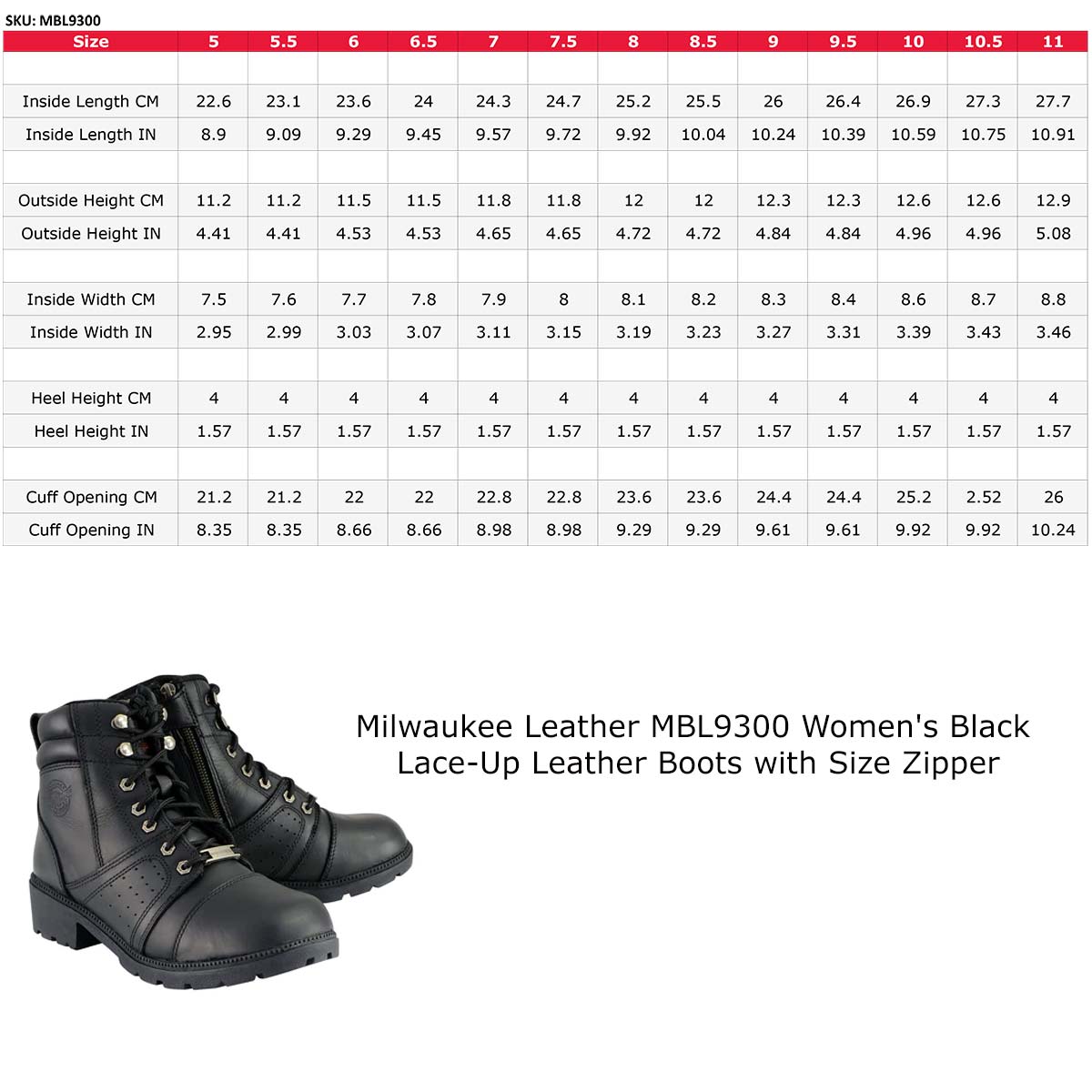 MBL9300 Women's Black Lace-Up Leather Boots with Size Zipper