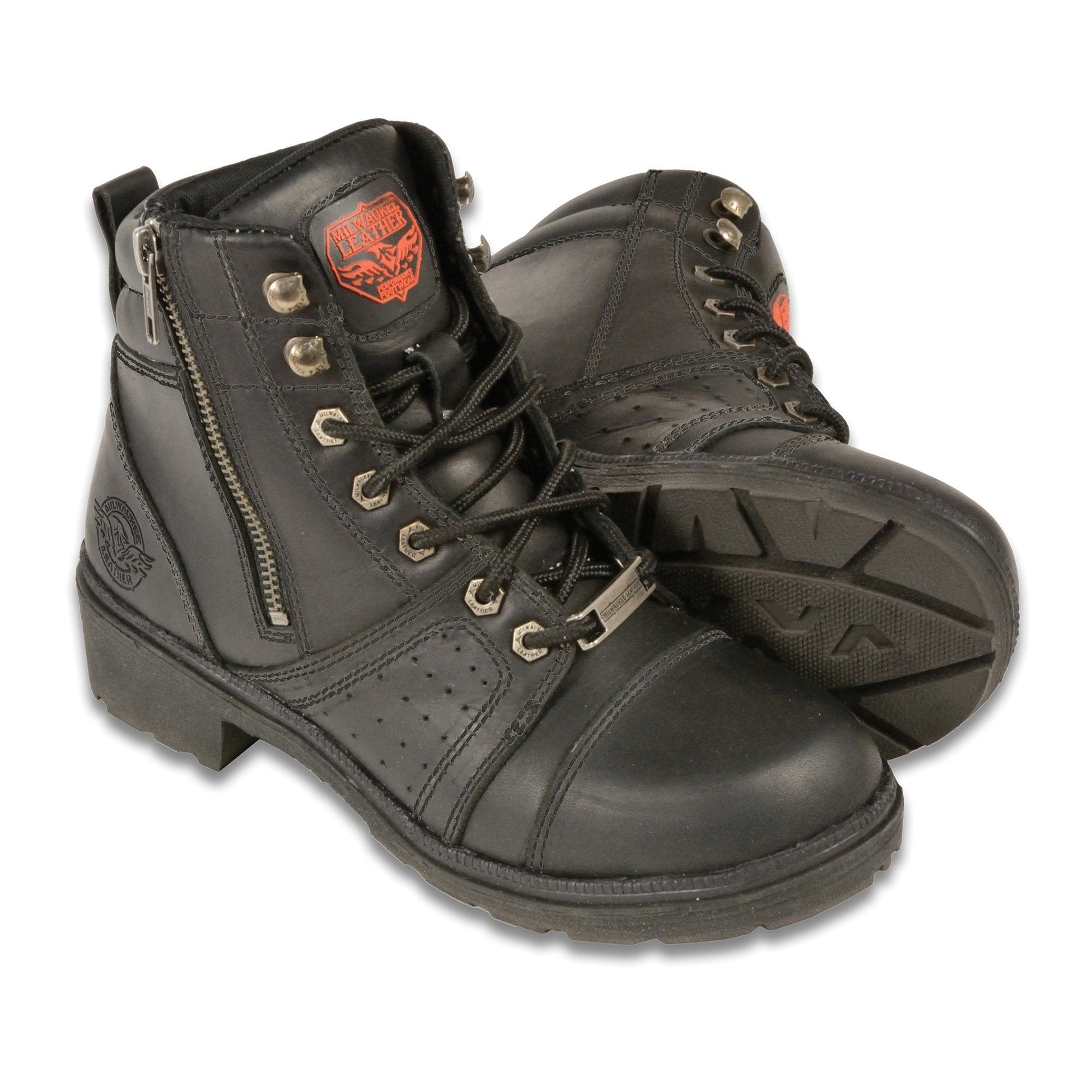 MBL9300 Women's Black Lace-Up Leather Boots with Size Zipper