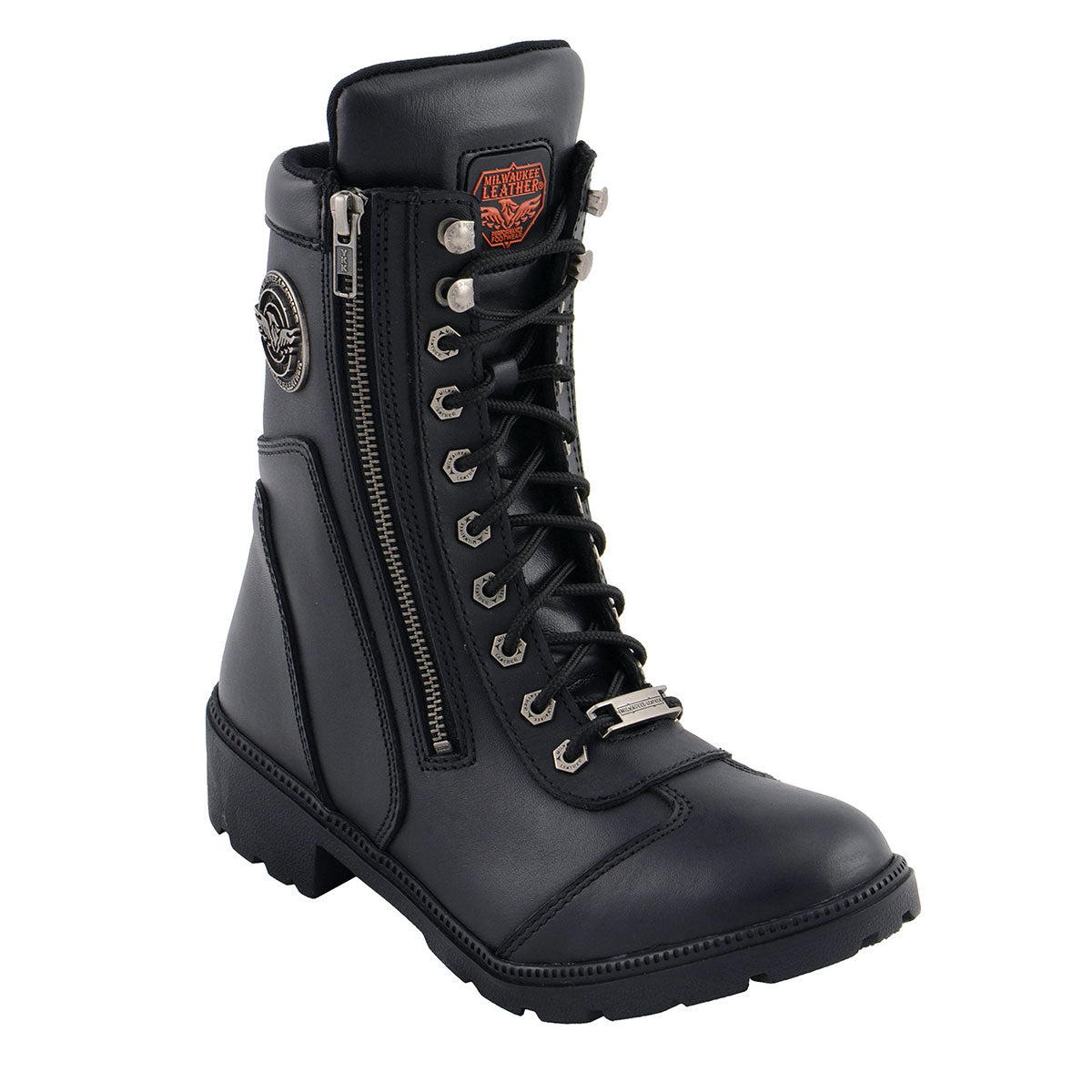 MBL9301 Women's Black Leather Lace-Up Motorcycle Biker Riding Boots with Side Zipper Entry