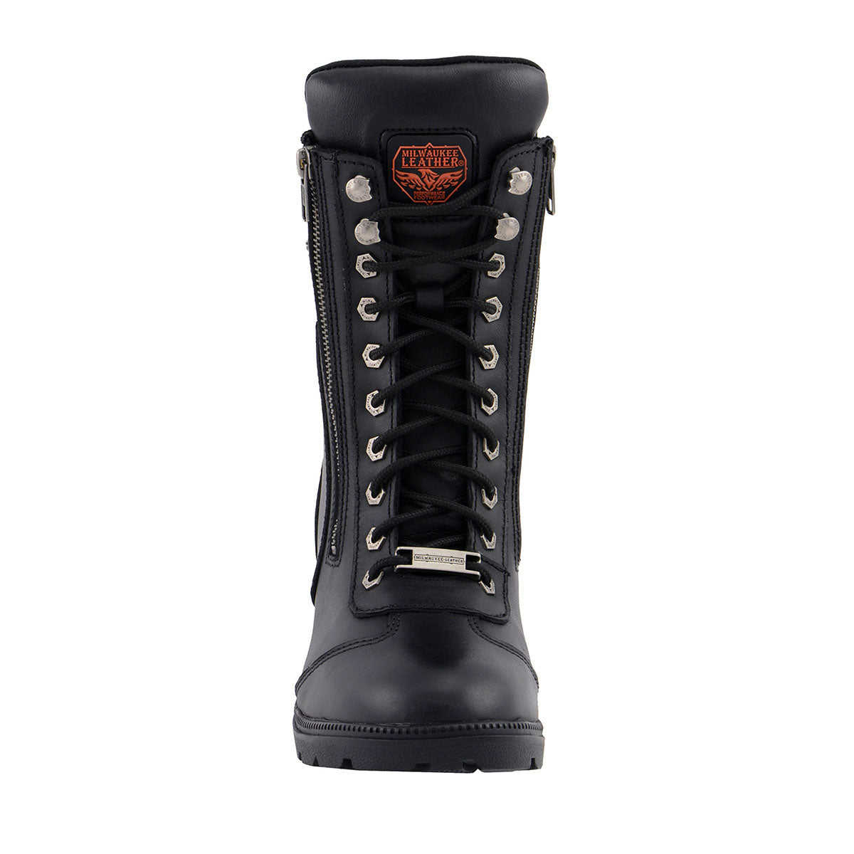 MBL9301 Women's Black Leather Lace-Up Motorcycle Biker Riding Boots with Side Zipper Entry