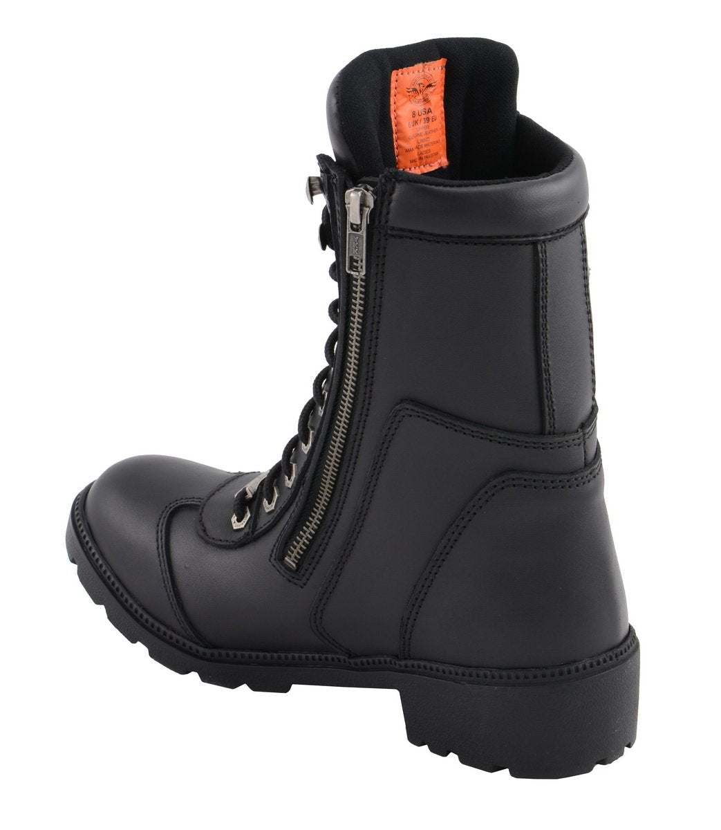 MBL9301 Women's Black Leather Lace-Up Motorcycle Biker Riding Boots with Side Zipper Entry