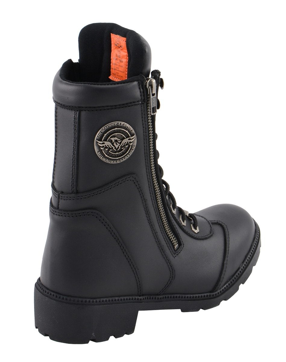 MBL9301 Women's Black Leather Lace-Up Motorcycle Biker Riding Boots with Side Zipper Entry