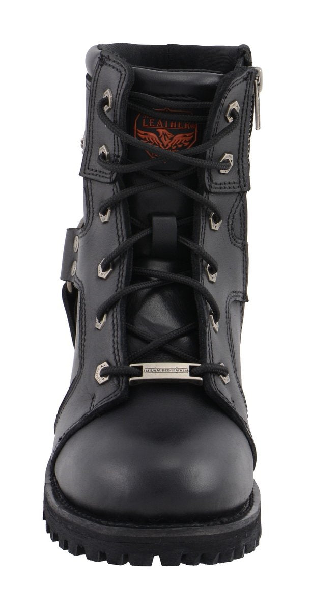 Women's Black Leather 8-Inch Lace-Up Motorcycle Harness Boots with Side Zipper MBL9302