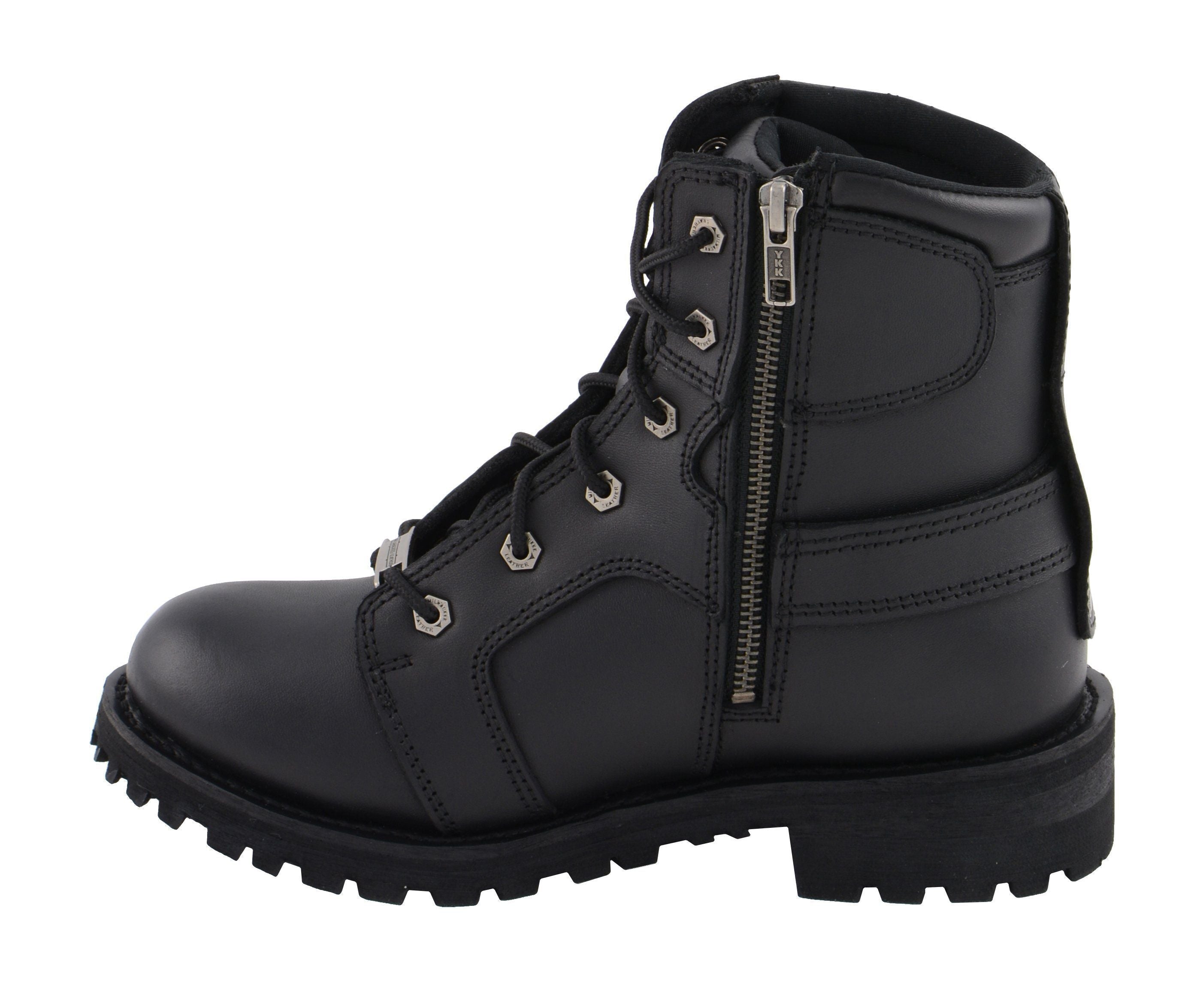 Women's Black Leather 8-Inch Lace-Up Motorcycle Harness Boots with Side Zipper MBL9302