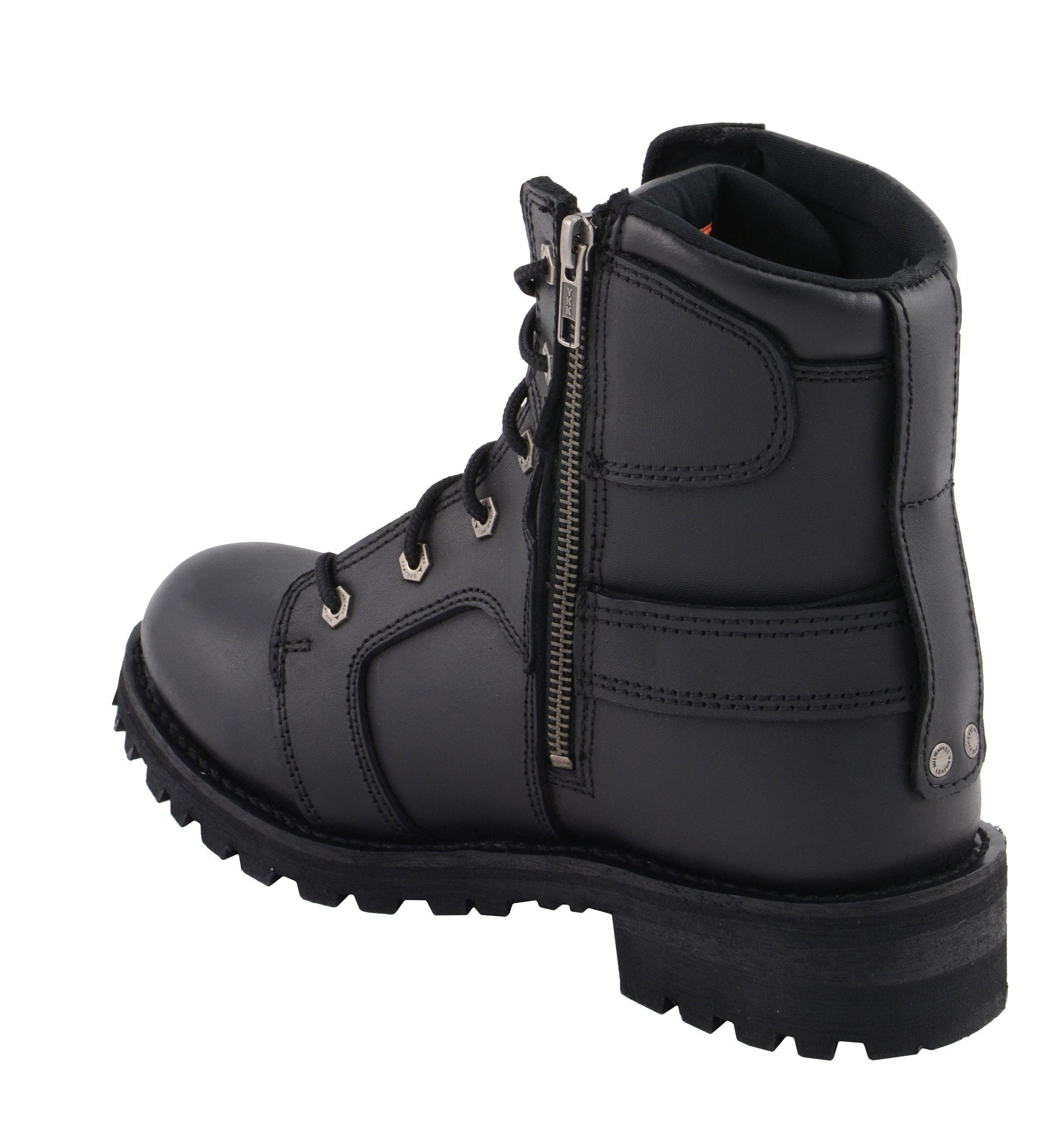 Women's Black Leather 8-Inch Lace-Up Motorcycle Harness Boots with Side Zipper MBL9302