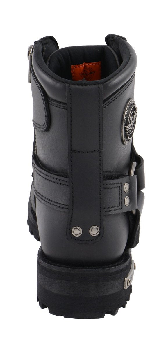 Women's Black Leather 8-Inch Lace-Up Motorcycle Harness Boots with Side Zipper MBL9302
