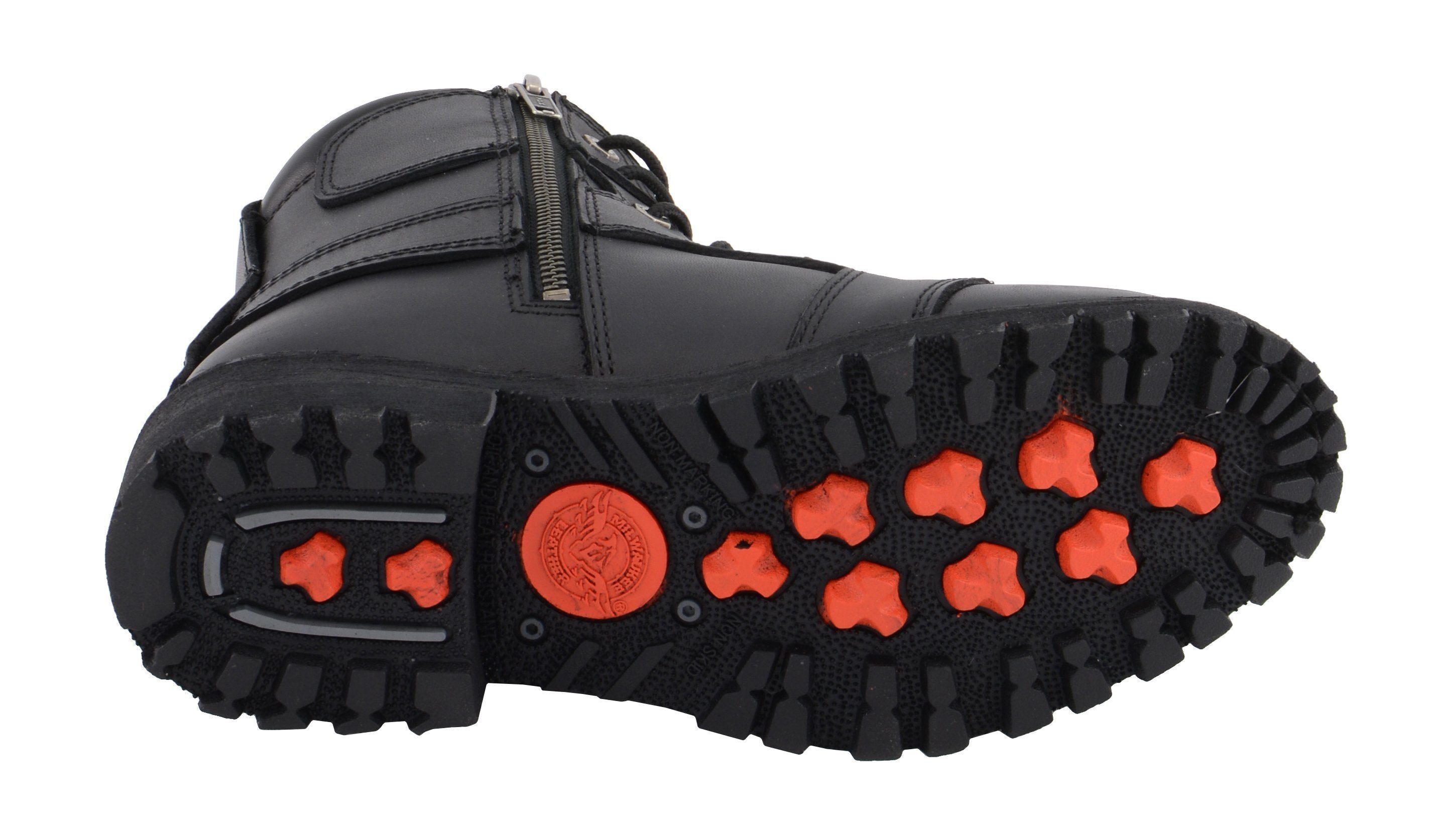 Women's Black Leather 8-Inch Lace-Up Motorcycle Harness Boots with Side Zipper MBL9302