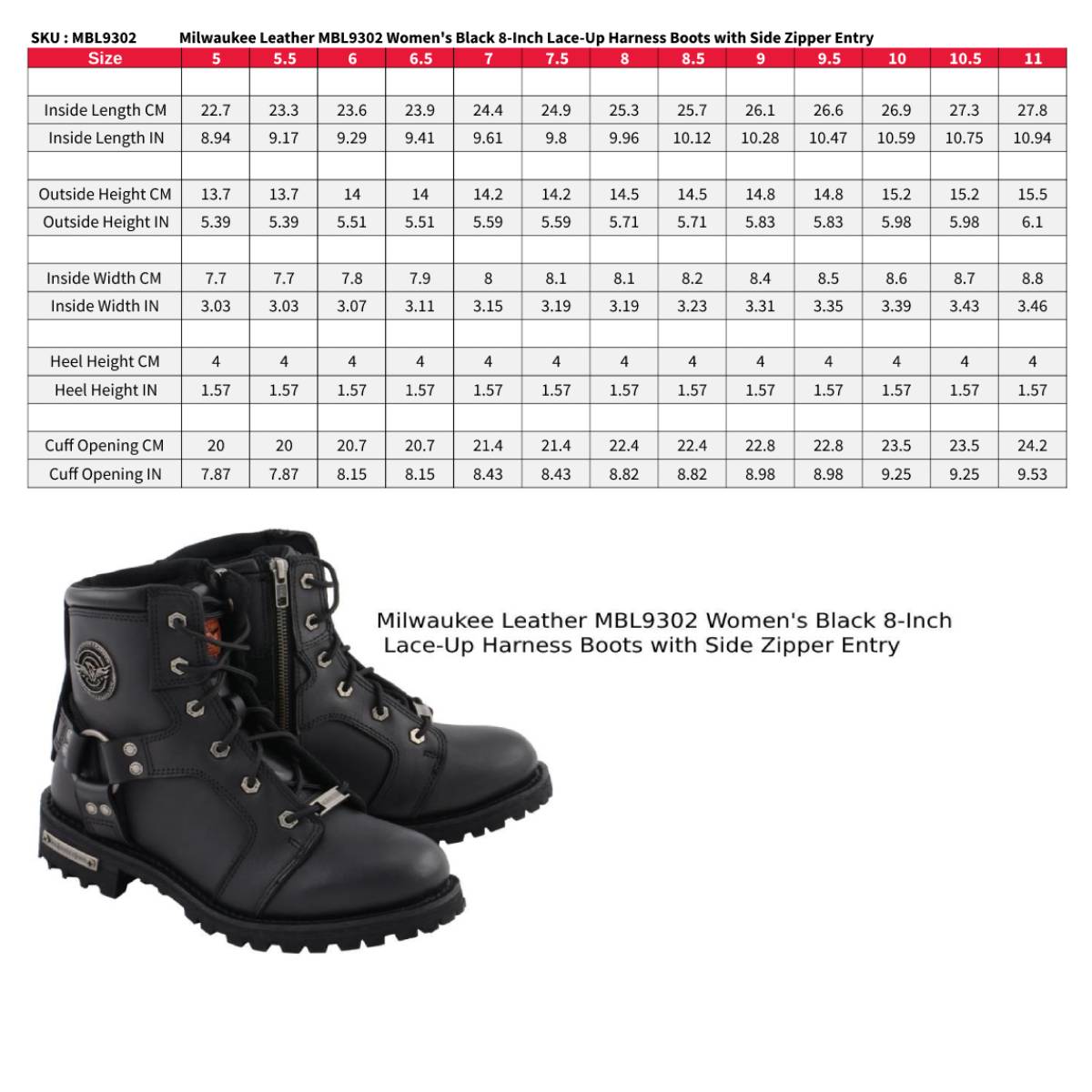 Women's Black Leather 8-Inch Lace-Up Motorcycle Harness Boots with Side Zipper MBL9302