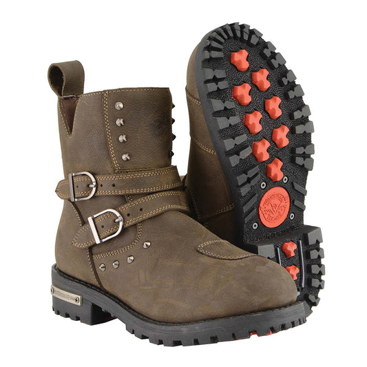 MBL9306 Women's Premium Brown Leather Double Strap Motorcyle Riding Boots
