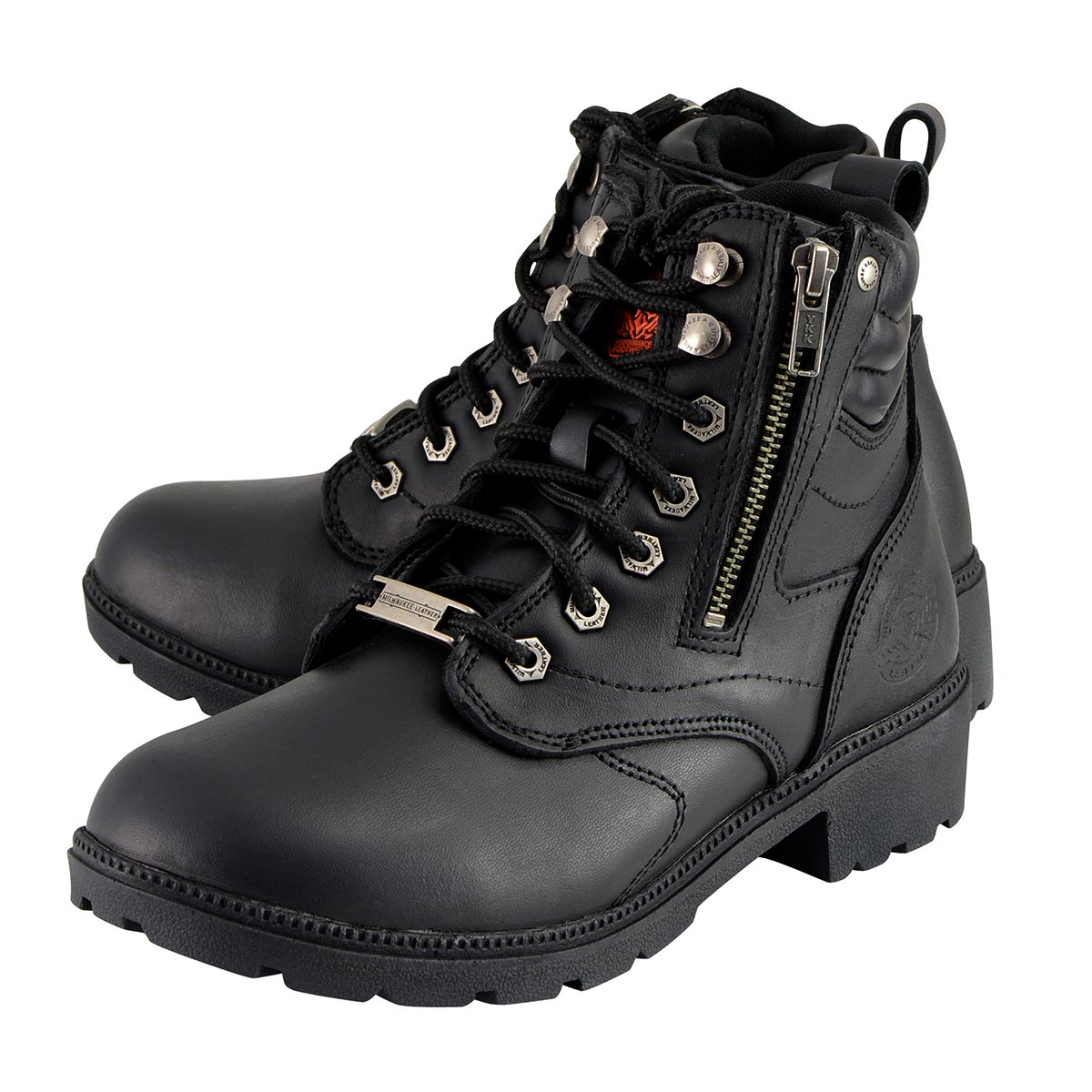 MBL9320W Women's Black Premium Leather Wide-Width Lace-Up Motorcycle Rider Boots