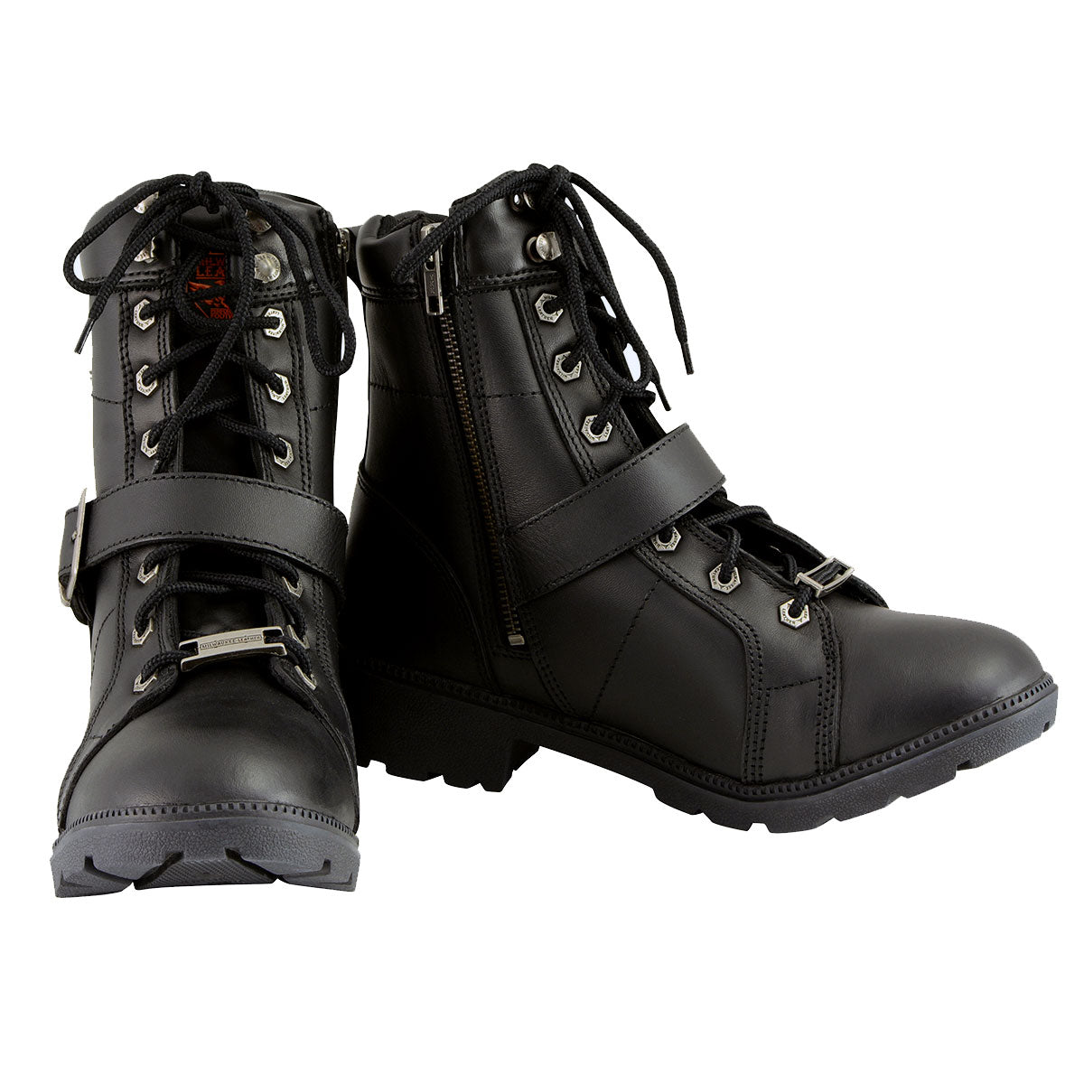 MBL9325 Women's Premium Black Lace-Up Classic Leather Motorcycle Biker Boots w/ Side Zipper