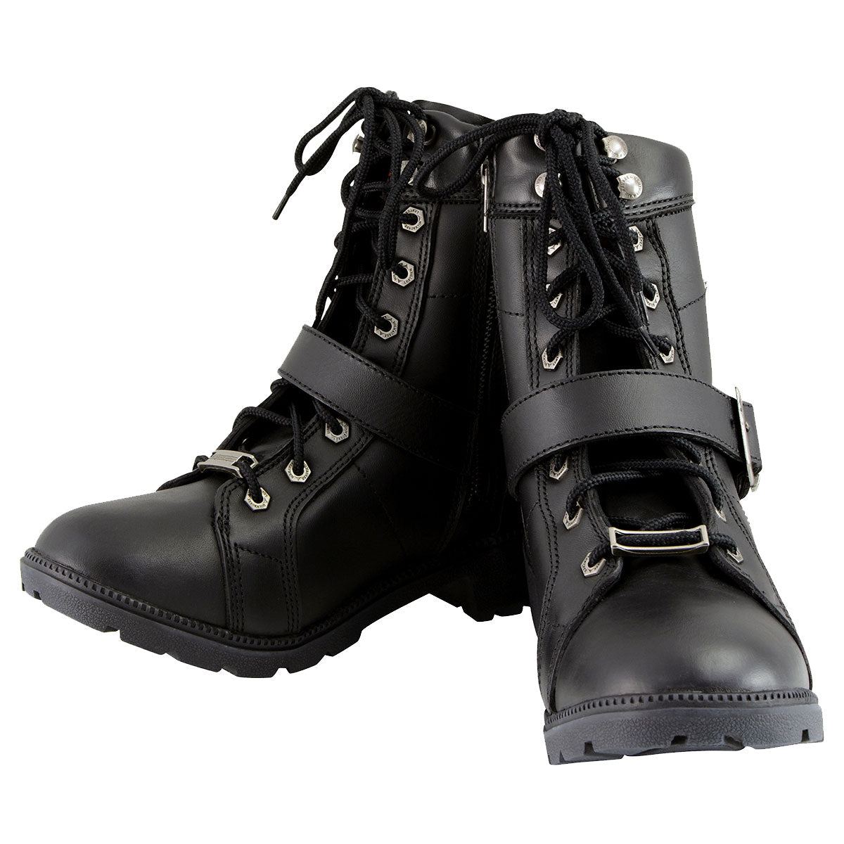 MBL9325 Women's Premium Black Lace-Up Classic Leather Motorcycle Biker Boots w/ Side Zipper