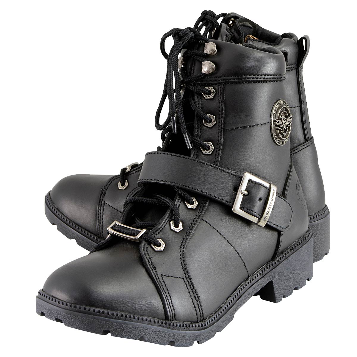 MBL9325 Women's Premium Black Lace-Up Classic Leather Motorcycle Biker Boots w/ Side Zipper