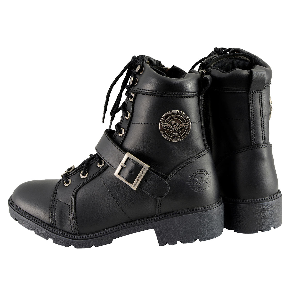 MBL9325 Women's Premium Black Lace-Up Classic Leather Motorcycle Biker Boots w/ Side Zipper