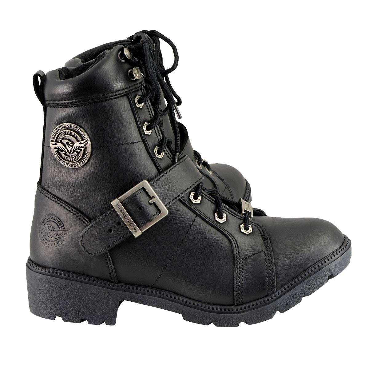 MBL9325 Women's Premium Black Lace-Up Classic Leather Motorcycle Biker Boots w/ Side Zipper