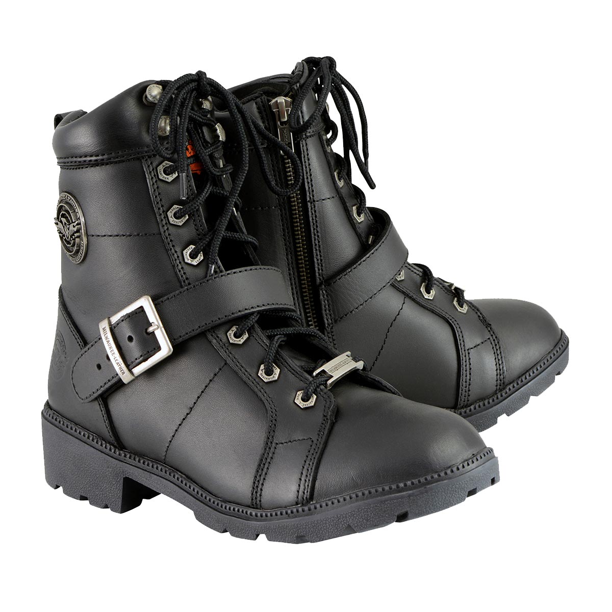 MBL9325 Women's Premium Black Lace-Up Classic Leather Motorcycle Biker Boots w/ Side Zipper
