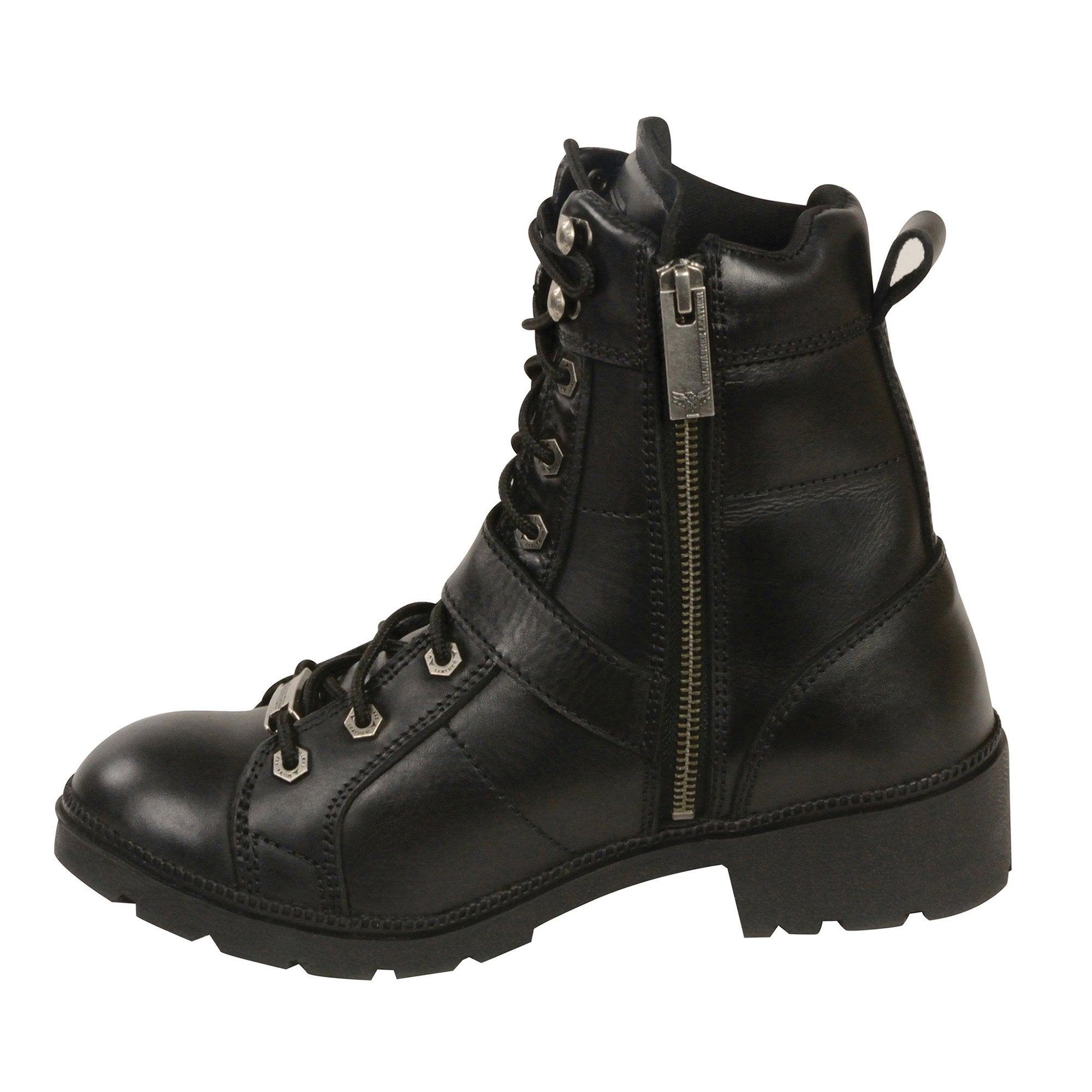 MBL9325 Women's Premium Black Lace-Up Classic Leather Motorcycle Biker Boots w/ Side Zipper