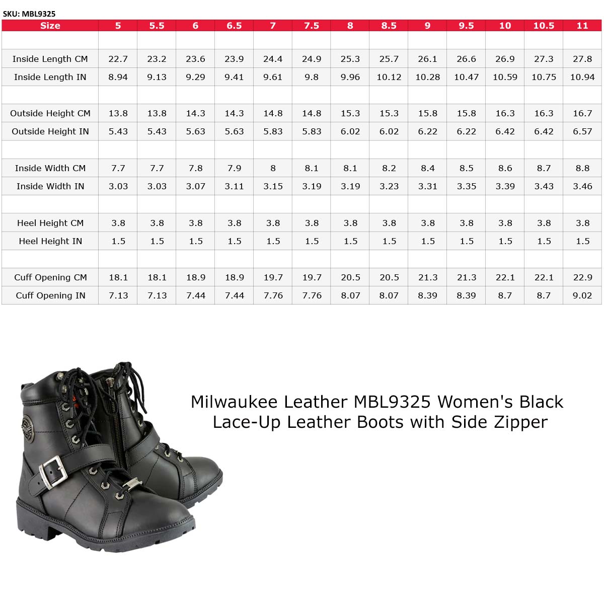 MBL9325 Women's Premium Black Lace-Up Classic Leather Motorcycle Biker Boots w/ Side Zipper