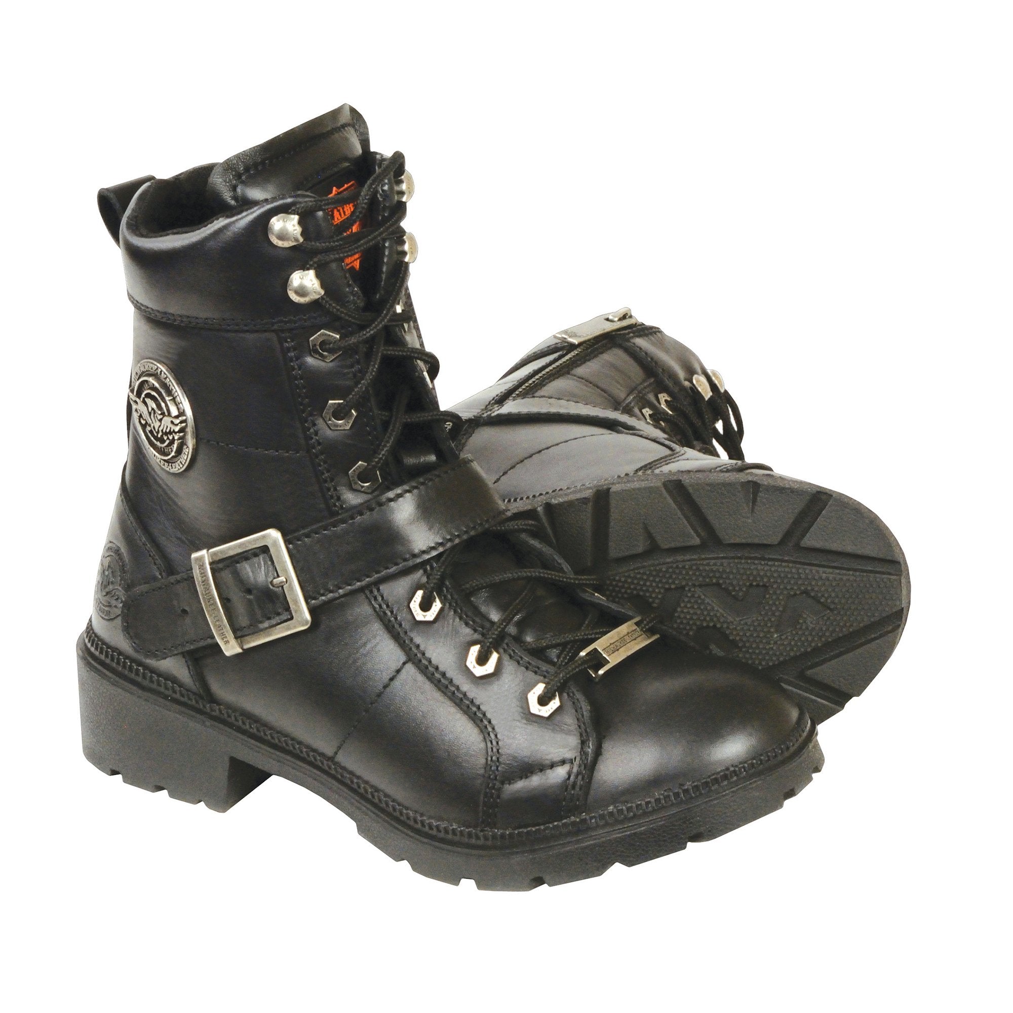 MBL9325 Women's Premium Black Lace-Up Classic Leather Motorcycle Biker Boots w/ Side Zipper