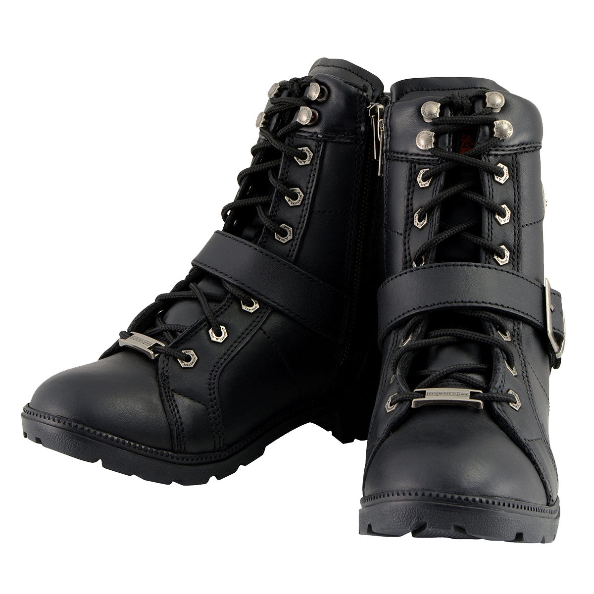 MBL9325W Women's Premium Black Leather Lace-Up Motorcycle Biker Rider Boots in Wide Width Size