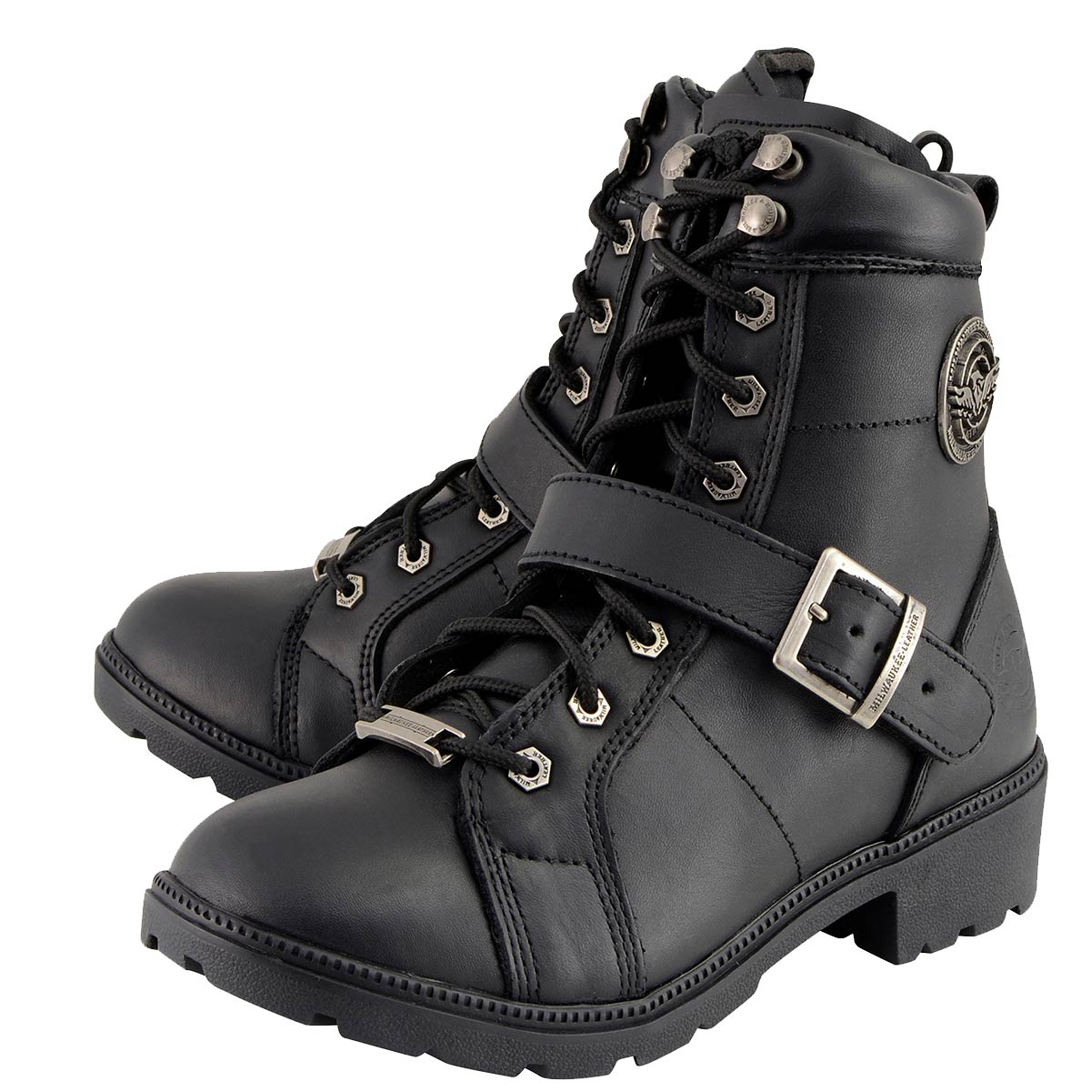 MBL9325W Women's Premium Black Leather Lace-Up Motorcycle Biker Rider Boots in Wide Width Size