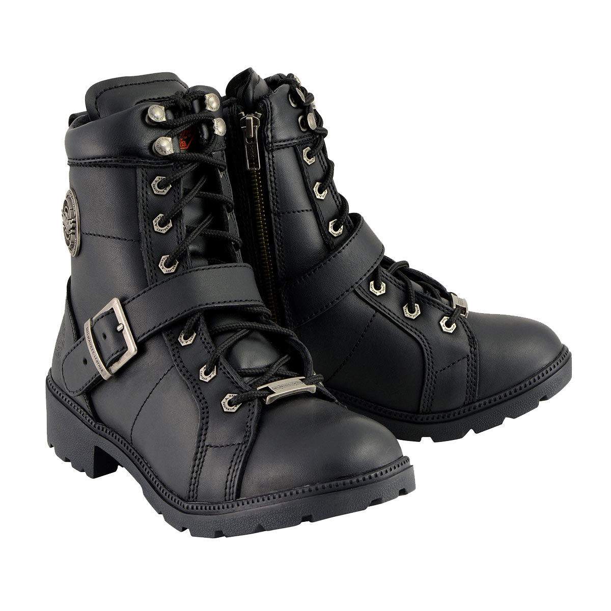 MBL9325W Women's Premium Black Leather Lace-Up Motorcycle Biker Rider Boots in Wide Width Size