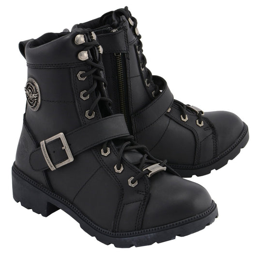MBL9325W Women's Premium Black Leather Lace-Up Motorcycle Biker Rider Boots in Wide Width Size