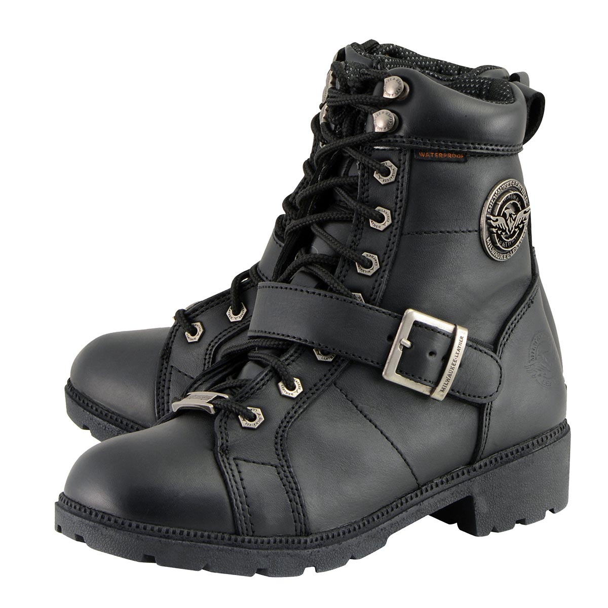 MBL9326WP Women's Premium Black Leather Lace-Up Waterproof Motorcyle Rider Boots