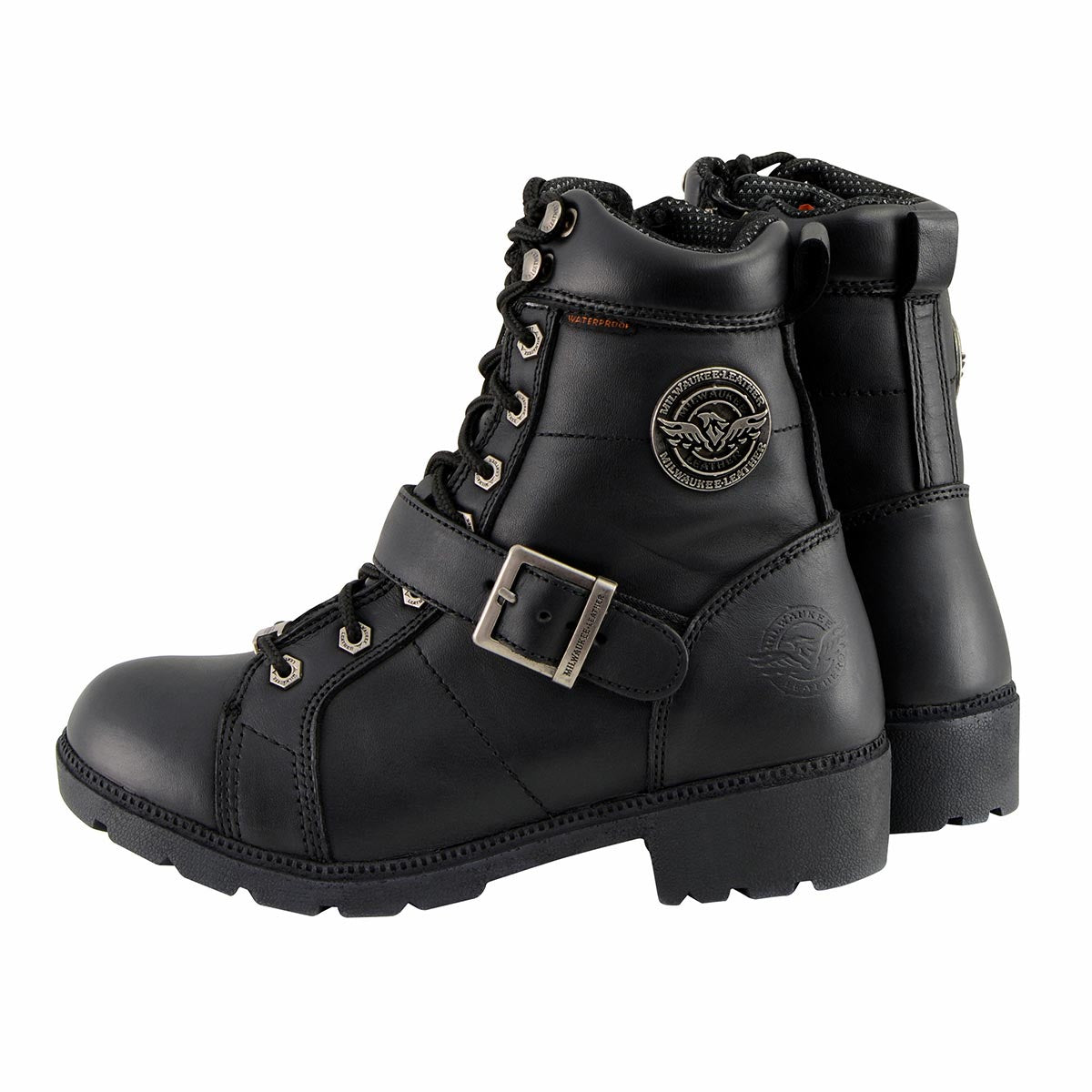 MBL9326WP Women's Premium Black Leather Lace-Up Waterproof Motorcyle Rider Boots