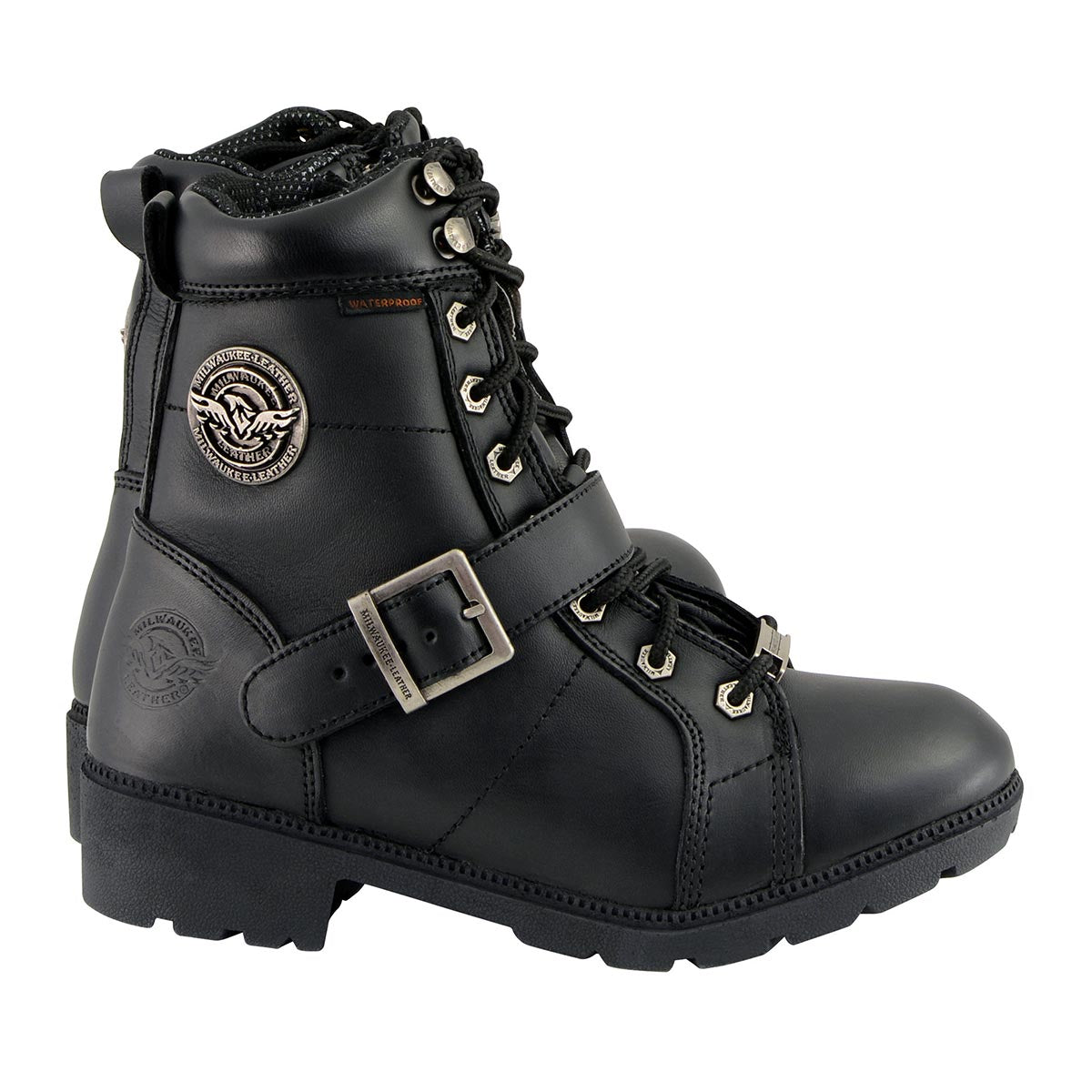 MBL9326WP Women's Premium Black Leather Lace-Up Waterproof Motorcyle Rider Boots