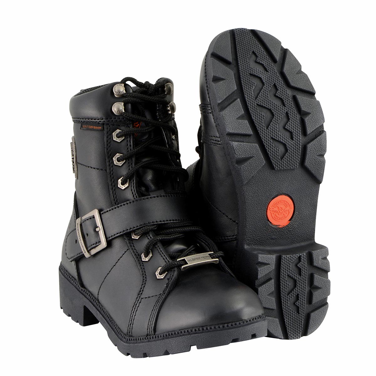 MBL9326WP Women's Premium Black Leather Lace-Up Waterproof Motorcyle Rider Boots
