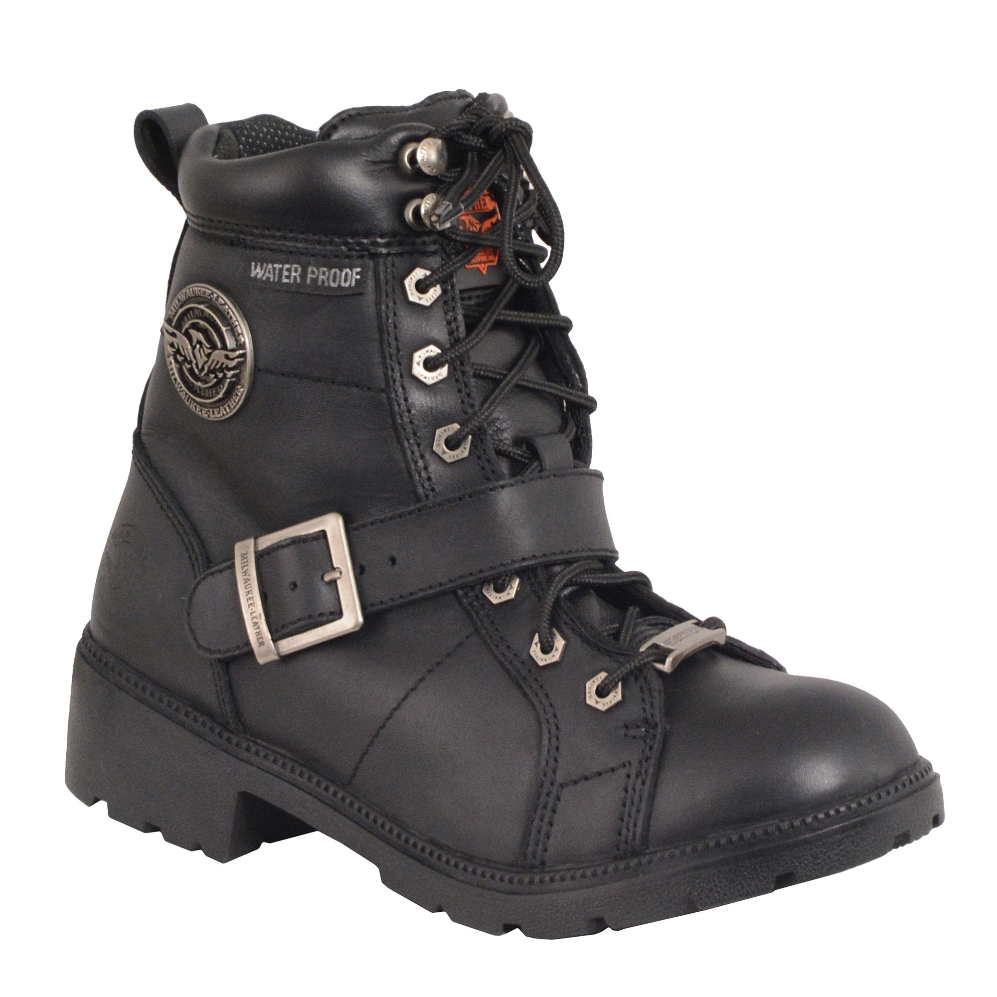 MBL9326WP Women's Premium Black Leather Lace-Up Waterproof Motorcyle Rider Boots