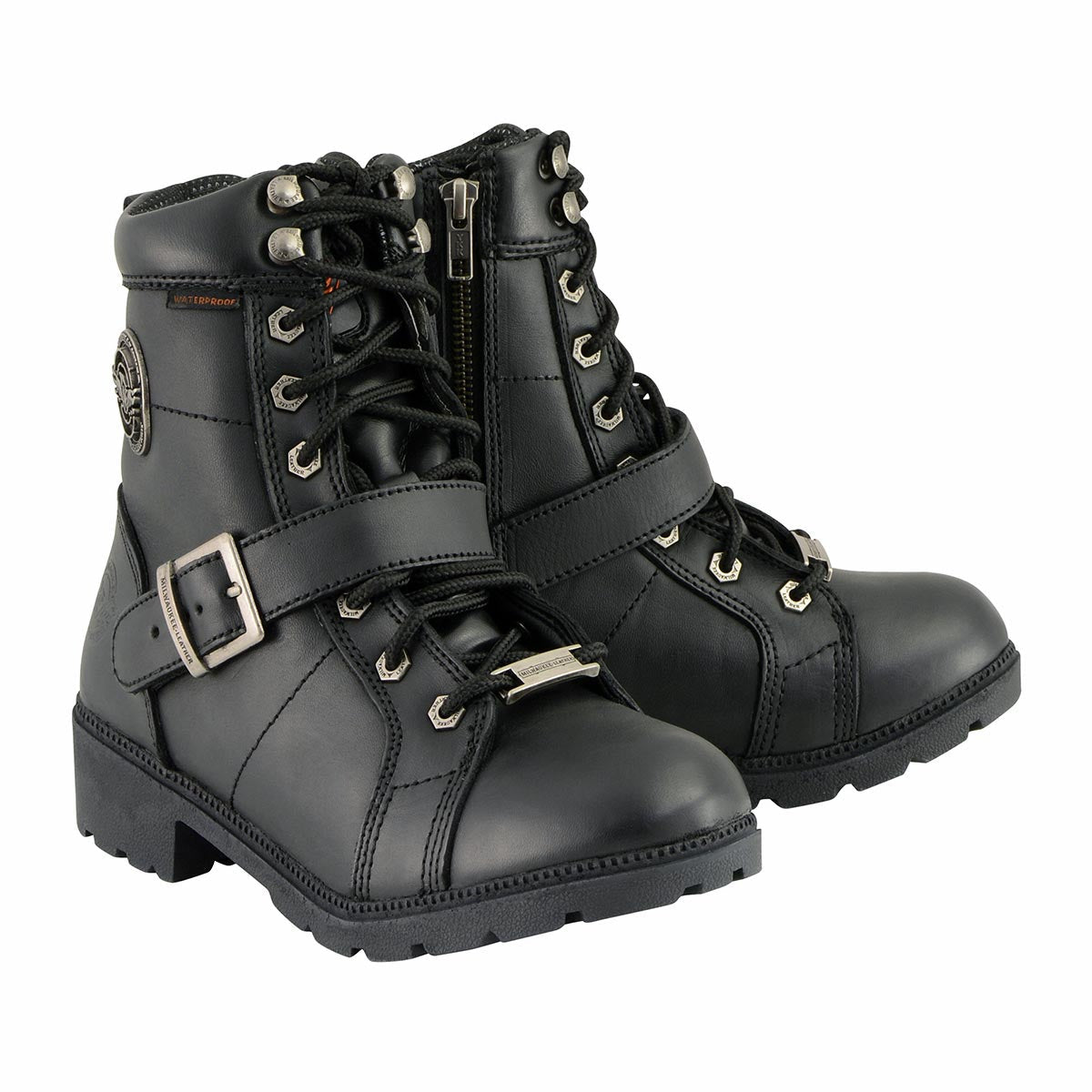 MBL9326WP Women's Premium Black Leather Lace-Up Waterproof Motorcyle Rider Boots