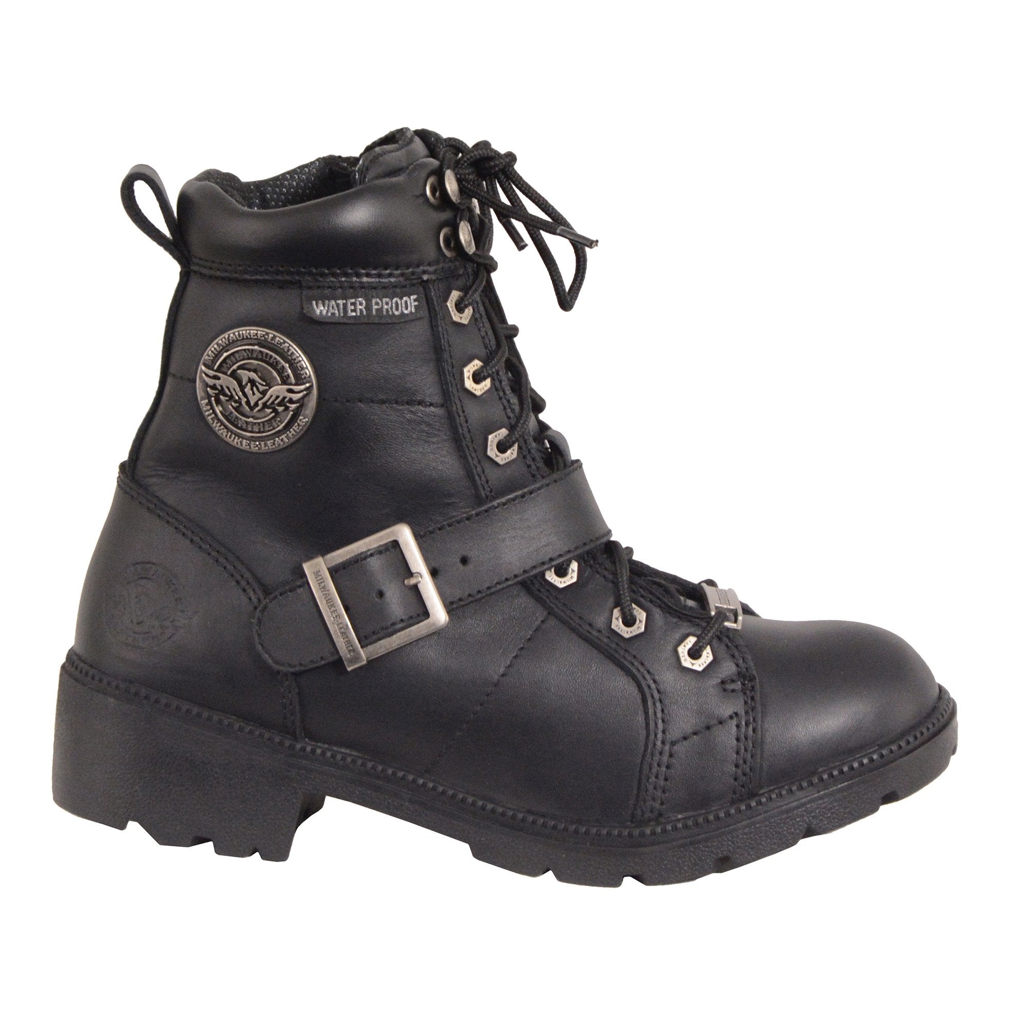 MBL9326WP Women's Premium Black Leather Lace-Up Waterproof Motorcyle Rider Boots