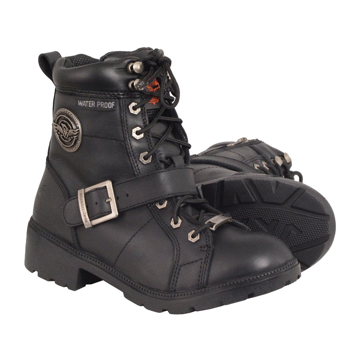 MBL9326WP Women's Premium Black Leather Lace-Up Waterproof Motorcyle Rider Boots