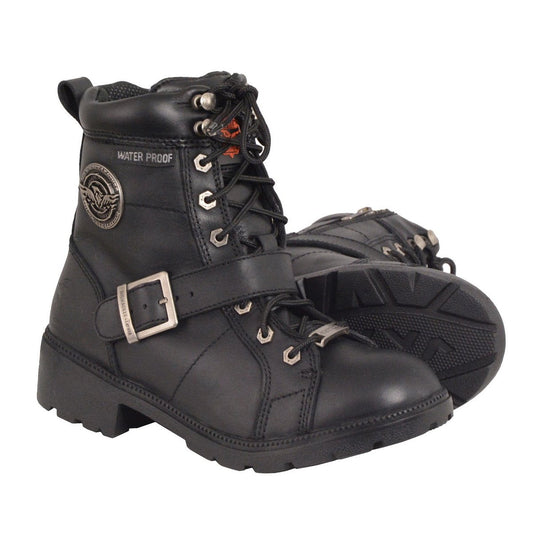 MBL9326WP Women's Premium Black Leather Lace-Up Waterproof Motorcyle Rider Boots