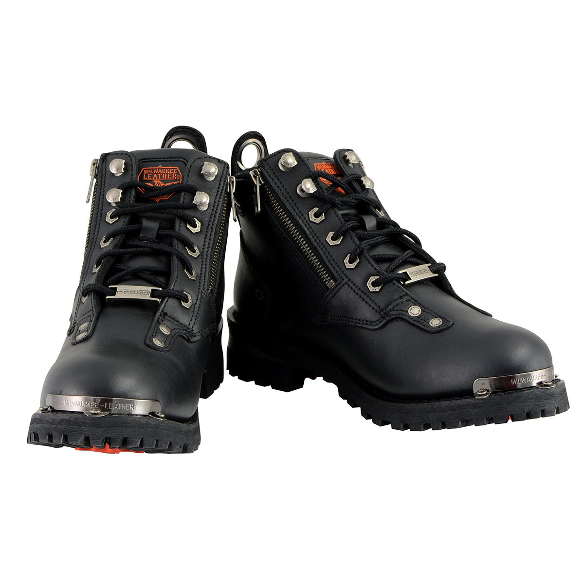 MBL9335 Women's Premium Black Leather Low Cut Lace-Up Motorcycle Riding Boots w/ Zipper Closure