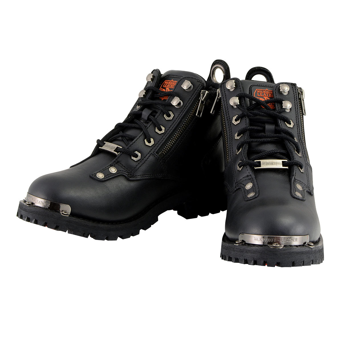 MBL9335 Women's Premium Black Leather Low Cut Lace-Up Motorcycle Riding Boots w/ Zipper Closure