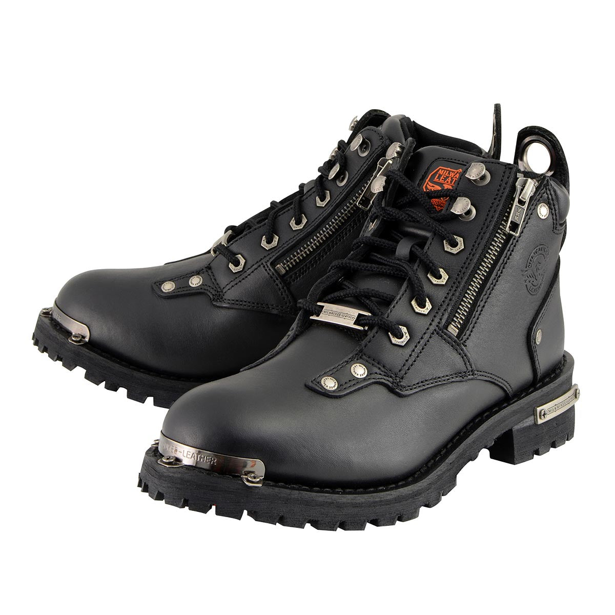 MBL9335 Women's Premium Black Leather Low Cut Lace-Up Motorcycle Riding Boots w/ Zipper Closure