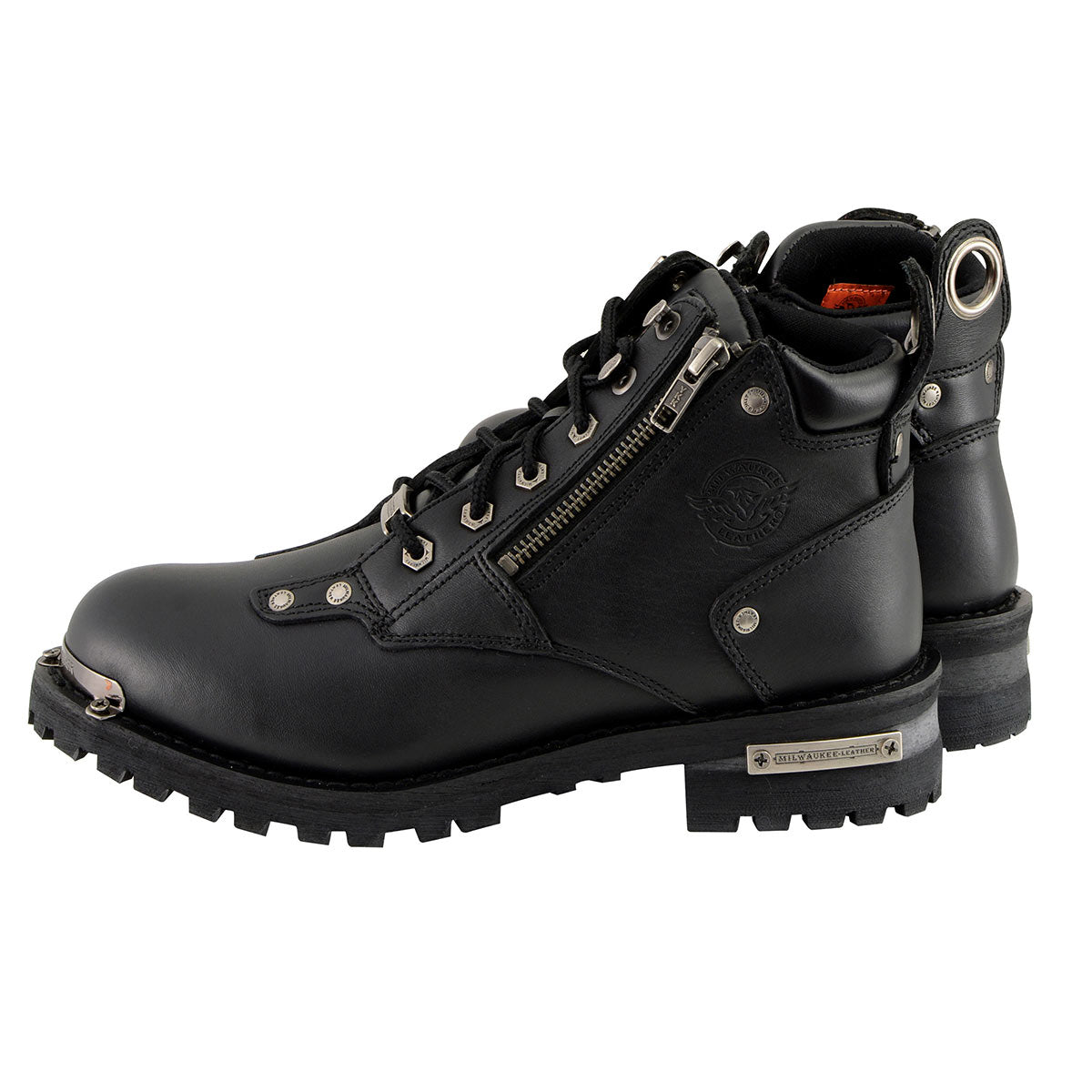 MBL9335 Women's Premium Black Leather Low Cut Lace-Up Motorcycle Riding Boots w/ Zipper Closure