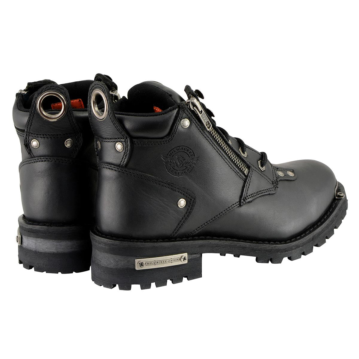 MBL9335 Women's Premium Black Leather Low Cut Lace-Up Motorcycle Riding Boots w/ Zipper Closure